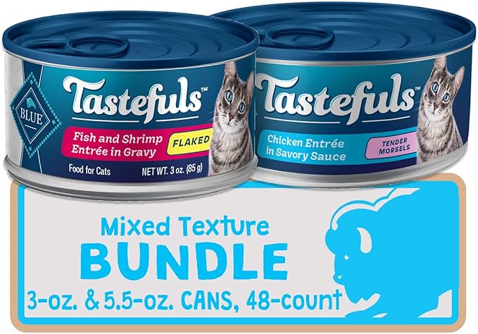 Blue Buffalo Tastefuls Natural Flaked and Tender Wet Cat Food Variety Bundle, Fish & Shrimp and Chicken