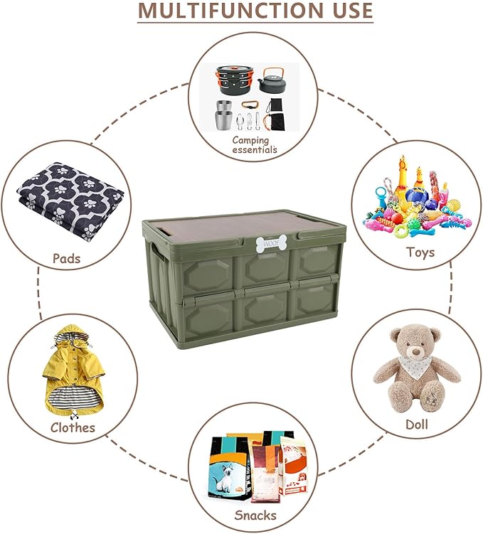Outdoor Dog Toy Bin wtih Handles,Collapsible Dog Stuff Organizer Portable,Pet Storage Basket with Wood Cover for Dog Toys/Snack/Camping Essentials,Ideal for Car Trunk,RV Trip,Picnic-Green