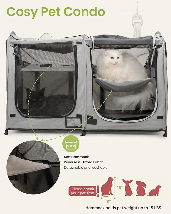 Portable Twin Compartment Show House Cat Cage Condo,Comfy Puppy Home Dog Travel Crate with Carry Bag,2 Hammocks and Mats & Collapsible Litter Box and Water Bottle