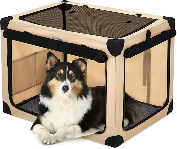 38 Inch Collapsible Travel Dog Crate for Large Dogs, Portable 4-Door Foldable Soft Kennel with Mat and Durable Mesh Windows for Car & Outdoor, with Storage Bag