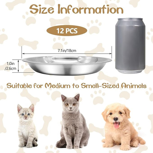 kathson Shallow Stainless Steel Cat Bowls 12 Pcs Whisker Fatigue Cat Dishes Flat Dog Feeding Saucers Pet Food and Water Plate Set for Kitten Puppy and Other Small Animals (7.00 Inch Dia)