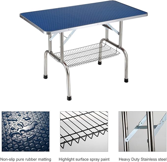 Pet Grooming Table, 46" Adjustable Height Dog Grooming Table with H-Type Arm & Stainless Steel Legs, Non-Slip E1 Grade Top, Tool-Free Folding, Portable for Professional & Home Use(Blue, 46inch)