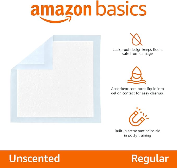 Amazon Basics Dog and Puppy Pee Pads, 5-Layer Leak-Proof Super Absorbent, Quick-Dry Surface, Potty Training, Regular (22x22"), 100 Count, Blue & White