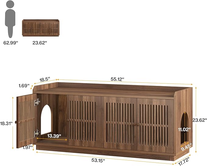 Tribesigns 2 Cats Litter Box Enclosure, 55.1-Inch Extra Large Hidden Litter Box Furniture with 2 Cabinets and Side Entry, Wooden XL Cat Washroom Furniture with Storage for Living Room, Rustic Brown