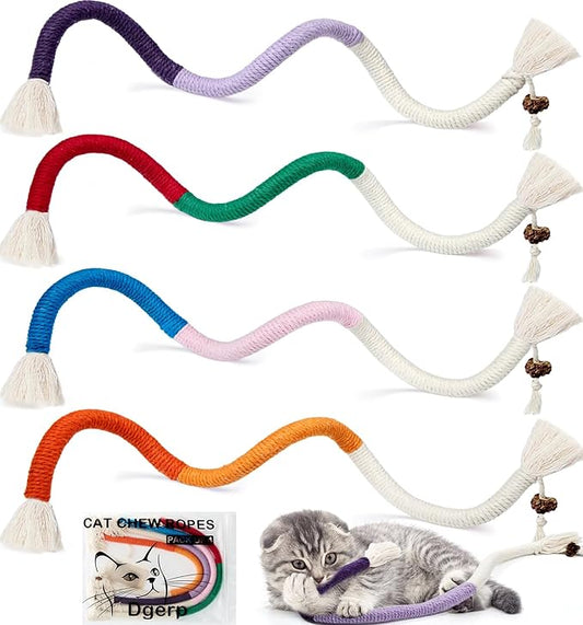 Cat Chew Ropes 4Pcs, Cat Toys for Indoor Cats with Refillable Natural Catnip, Safe Teeth Cleaning Chew Toys, Interactive Kitten Nip Toys and All Breeds (19.5 Inches)