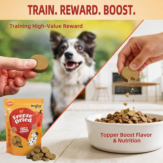 MAJOR PETS Freeze Dried Turkey & Pumpkin, Cranberry Dog Treats, Single High Protein, 100% Natural, Help with Digestion, Grain Free, Training Bites & Meal Topper for Dogs, Made in The USA, 2.5oz