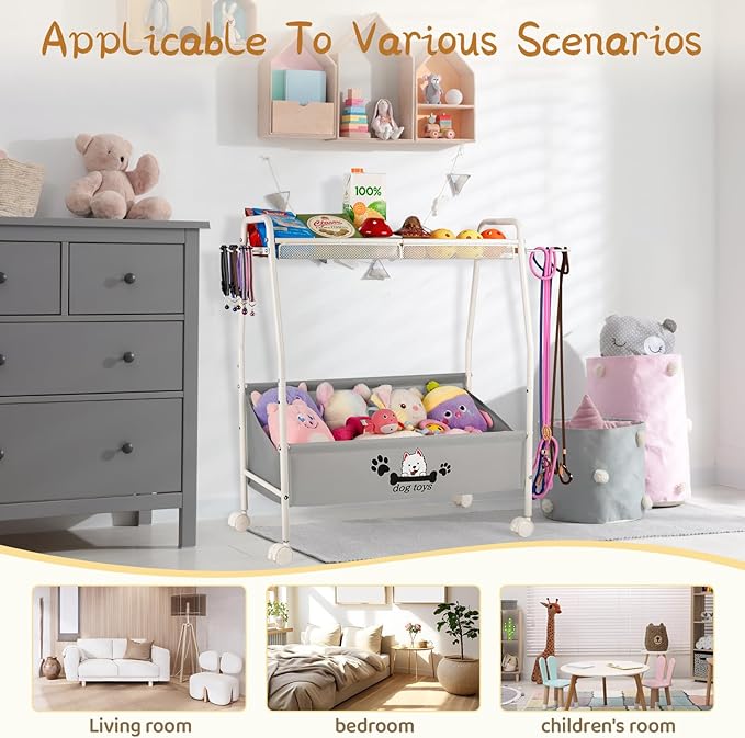 Liitrton Large Dog Toy Basket, Mobile Dog Toy Bin with Dog Organizer Storage Rack, 2-Tier Dog Toy Box for Living Room Area Holder Storage Dog Cat Accessories, Pet Leashes, Food & Clothes