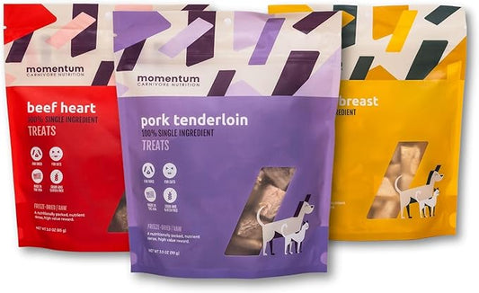 Momentum Carnivore Nutrition Freeze-Dried Raw Dog & Cat Treat Bundle – Pork Tenderloin, Beef Heart, Chicken Breast – Single Ingredient, All-Natural, High-Protein Pet Treats – 3-Pack