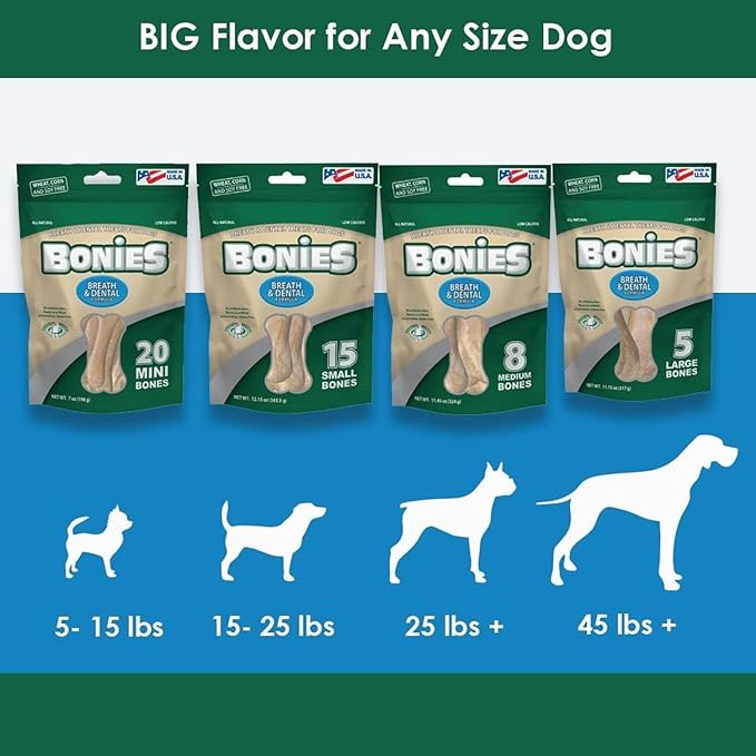 Bonies Natural Breath and Dental Formula Minis-Sized Single Bone - All-Natural Ingredients, Fresh Breath, Cleans Teeth, Low Calories, Chicken Flavor, MINI Dogs, 240 Bones