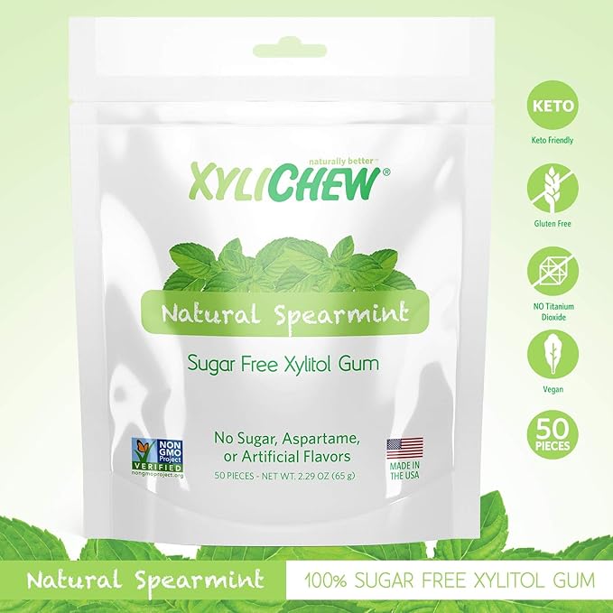 Xylichew 100% Xylitol Chewing Gum - Non GMO, Non Aspartame, Gluten Free, and Sugar Free Gum - Natural Oral Care, Relieves Bad Breath and Dry Mouth - Spearmint, 50 Count