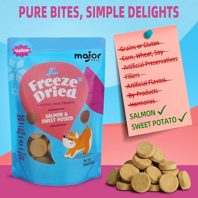 MAJOR PETS Freeze Dried Dog Treats, Wild-Caught Salmon & Sweet Potato, 100% Natural, Single High Protein, Rich in Omega-3, Grain Free, Healthy Training Bites & Meal Topper, Made in The USA, 2.5oz