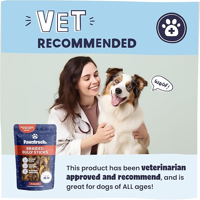 Pawstruck Natural 12" Braided Bully Sticks for Dogs – Tough, Long-Lasting, Rawhide-Free, Low-Odor, Single Ingredient Chew Treat for Aggressive Chewers – 5 Count – Packaging May Vary