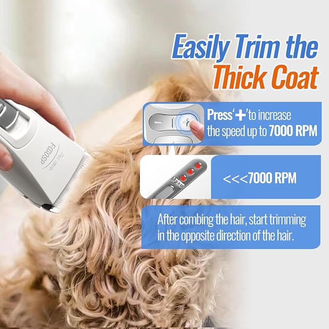 Dog Clippers for Grooming with 1 Dog Grooming Comb 3-Speed Low Noise Powerful Rechargeable Cordless Pet Grooming Trimmers for Small & Large Dogs Cats Pets with Thick & Heavy Coats