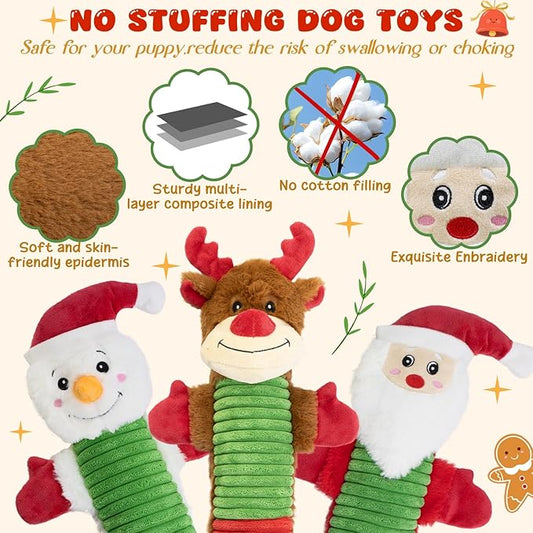 Christmas Squeaky Dog Toys- 3 Pack No-Stuffing Dog Chew Toys with Crinkle and Squeaker- Elk, Santa Claus, Snowman Chew Toys to Keep Them Busy, Tug of War Toys for Medium and Large Dogs