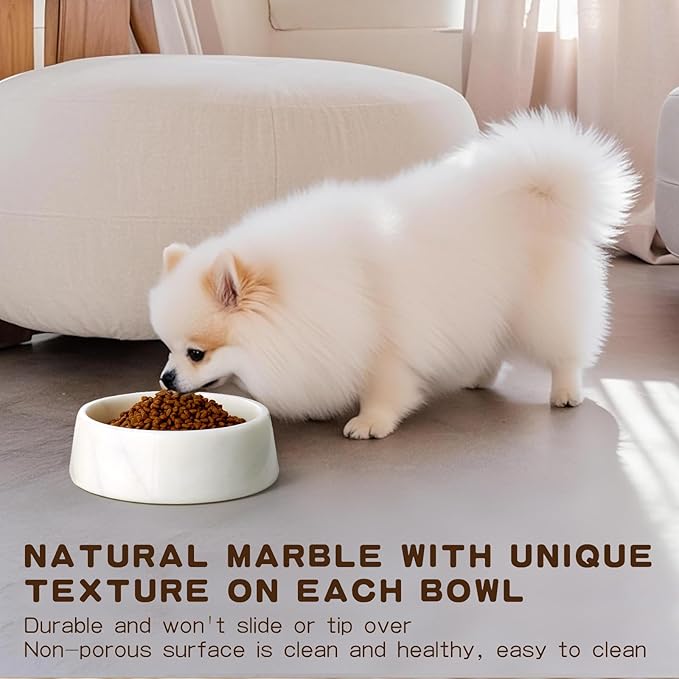 White Marble Dog Bowl, Non-Slip Dog Food Water Bowl, Small Weighted Stone Dish, Natural Marble Heavy Pet Bowl, Easy to Clean, Gifts for Cat Lovers, Perfect Cat Dog Gifts, Holds 4 Cups(5 lbs)