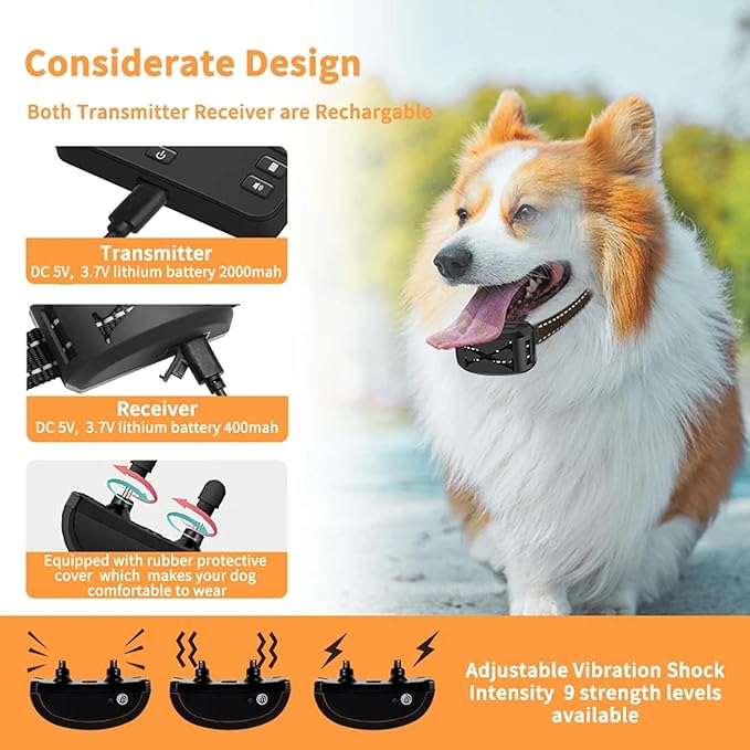 Wireless Dog Fence Dog Training Collar 2 in 1, Electric Pets Boundary Containment System, Adjustable Range Control, Waterproof Receiver, Vibration & Shock, Suitable for All Stubborn Dogs,for2dogs