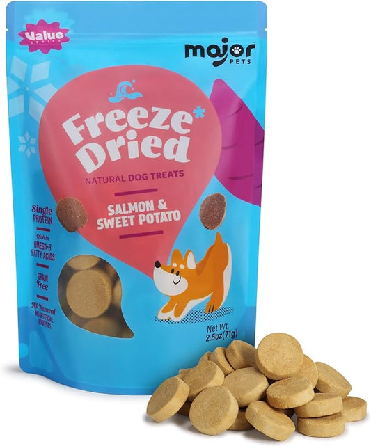 MAJOR PETS Freeze Dried Dog Treats, Wild-Caught Salmon & Sweet Potato, 100% Natural, Single High Protein, Rich in Omega-3, Grain Free, Healthy Training Bites & Meal Topper, Made in The USA, 2.5oz