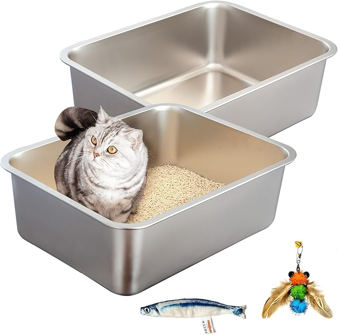 2-Pack Stainless Steel Cat Litter Boxes, Includes Catnip Fish Toy & Wand Feather Toy Refill, Easy to Clean, Pet Toilet Supplies for Kitten, Kitty, Rabbit, Metal Litter Pans for Multi-Cat Homes