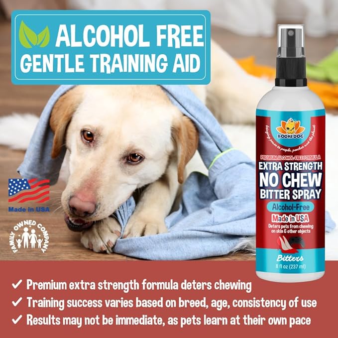 Bodhi Dog Bitter 2-in-1 No Chew & Hot Spot Spray - Natural Anti-Chew Remedy Better Than Bitter Apple - Soothes Hot Spots, Deters Chewing - Safe for Skin, Wounds & Furniture (Alcohol Free, 8 Fl Oz)