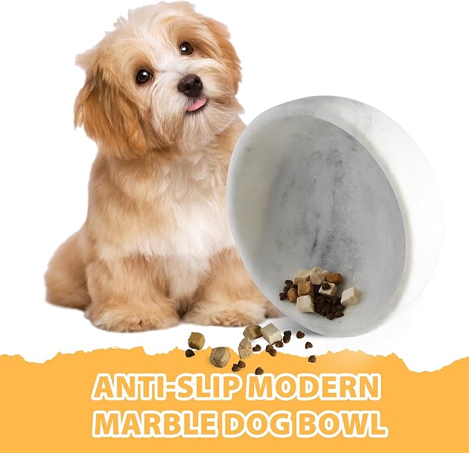 White Dog Bowl, Marble Dog Food Bowl, Non-Slip Stone Dogs Water Bowl Large, Non-Tipping Heavy Duty Pet Bowl for Large Dogs, African Natural Marble, Holds 4.6Cups(7.5lbs)