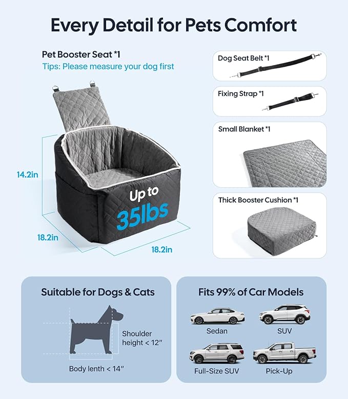 Wigoo Dog Booster Car Seat for Small & Medium Dogs up to 35 lbs, Elevated Pet Seat with Comfort Support, Detachable & Washable Cover, Storage Pockets, and Dog Safety Belt (Black/Grey)