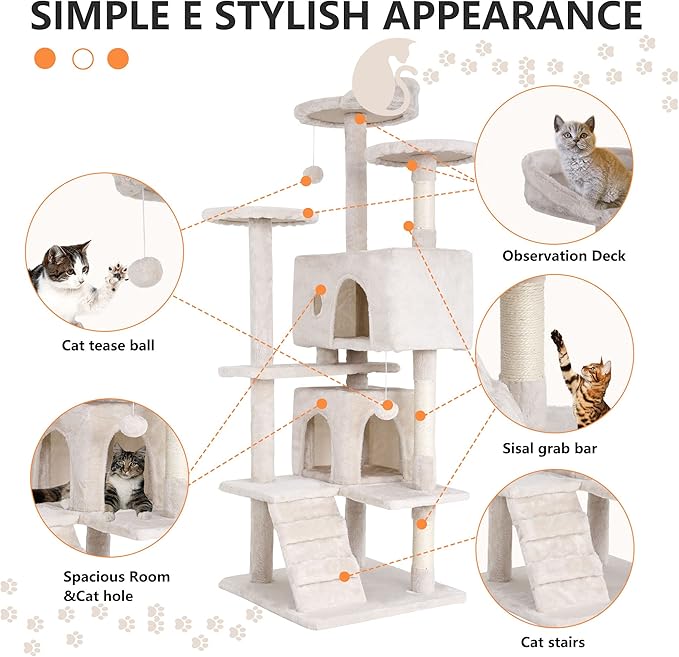 BestPet | 54" Cat Tree Tower | Beige | Sturdy, Easy to Assemble, Multi-Level Activity Center with Sisal Scratching Posts, Condos, Perches, Hanging Cat Toys, Observation Decks & Ladder
