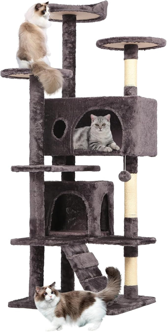 BestPet | 54" Cat Tree Tower | Purple Gray | Sturdy, Easy to Assemble, Multi-Level Activity Center with Sisal Scratching Posts, Condos, Perches, Hanging Cat Toys, Observation Decks & Ladder