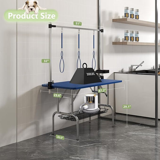 VFK 47'' Large Dog Grooming Table Stainless Steel Foldable Grooming Table for Dogs at Home Adjustable Height Arms Pet Station with Nooses, Mesh Tray, Tool Organizer
