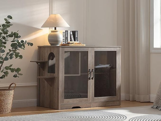 47.8'' Dog-Proof Large Cat Litter Box Enclosure with Super Convenient Litter Collector,Cat Litter Box Cabinet with Litter Leak Walkway and Glass Doors for Better View,Grey