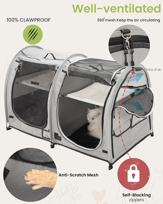 Portable Twin Compartment Show House Cat Cage Condo,Comfy Puppy Home Dog Travel Crate with Carry Bag,2 Hammocks and Mats & Collapsible Litter Box and Water Bottle