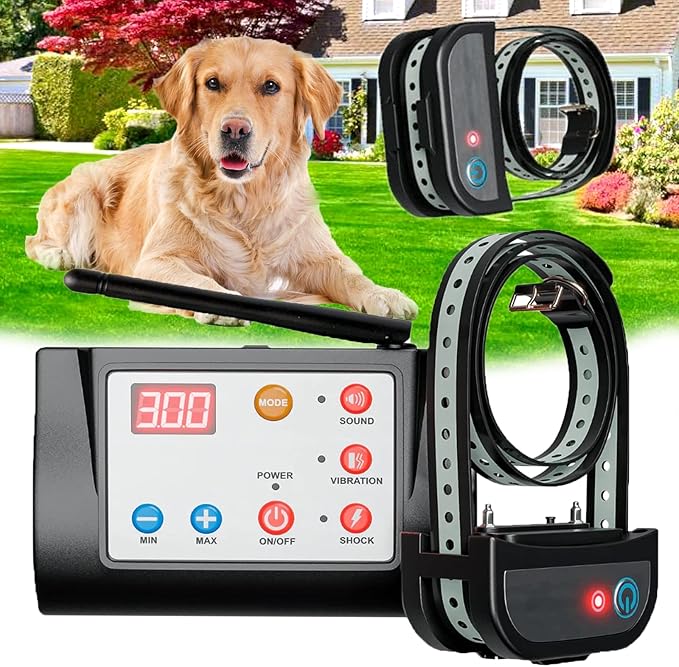 Wireless Electronic Pet Dog Fence System and Dog Training Collar 2-in-1,Boundary Container for All Dogs,with Shock/Tone Correction,Waterproof Reflective Stripe Collar,Harmless,for 1 2 3 dogs,for2dogs