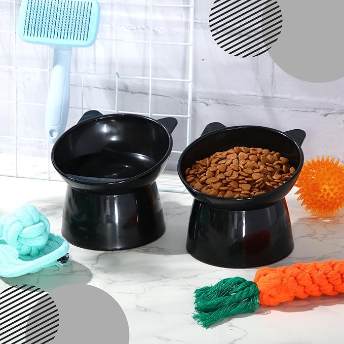 Zhehao 2 Pieces Plastic Raised Bowl Tilted 15 Degrees Elevated Cat Food and Water Bowls Set Anti Vomit Dog Kitten Food Dishes Pet for Cats and Small Dogs(Cat Ears,Black)
