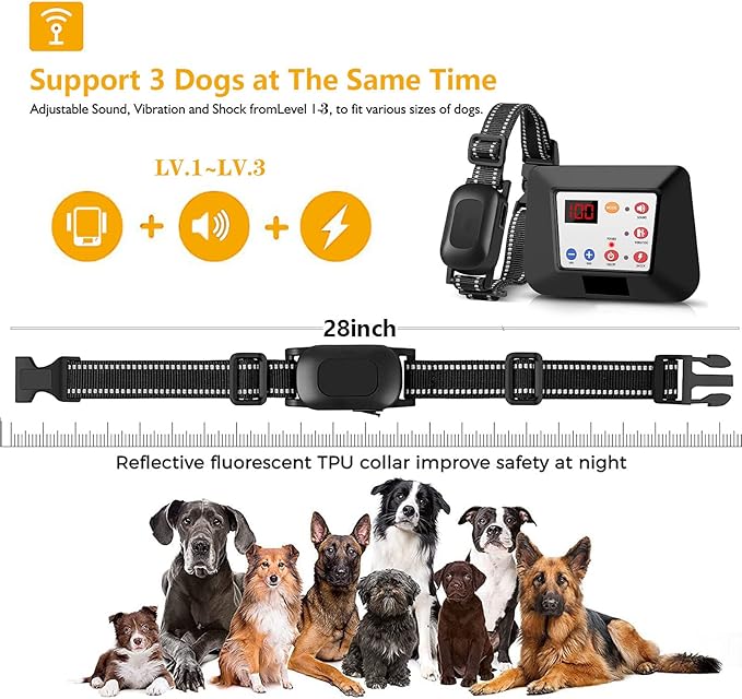 Wireless Dog Fence,Pet Containment System,Electric Dog Training Collar with Remote Dog Boundary System,Reflective Stripe,Waterproof,Adjustable Range,Harmless,for 1 2 3 Dogs,for1dog