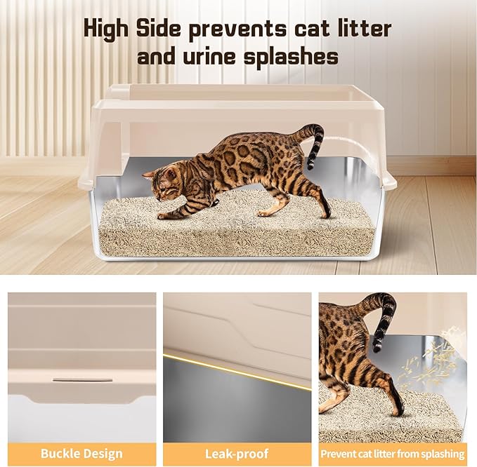 XXXL Stainless Steel Litter Box, 27.6" H x 19.7" W x 11.8" H Extra Large Metal High Sided Cat Litter Box with Scoop, Leak-Proof, Easy Clean for Big Cats/Multiple Cats (Khaki)
