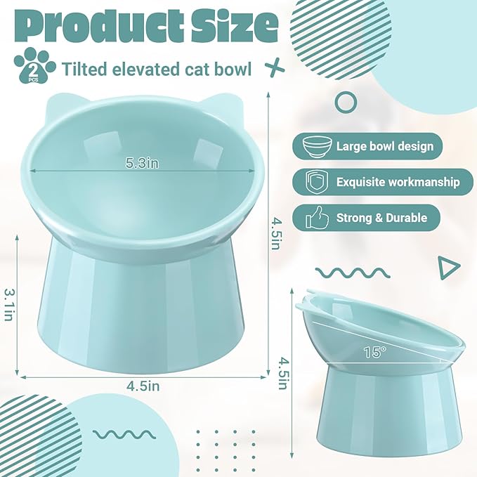 Zhehao 2 Pieces Plastic Raised Bowl Tilted 15 Degrees Elevated Cat Food and Water Bowls Set Anti Vomit Dog Kitten Food Dishes Pet for Cats and Small Dogs(Cat Ears,Light Green, Blue)