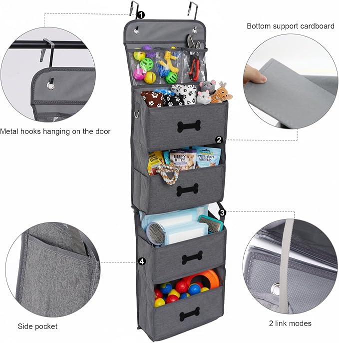4-Shelf Dog Storage Organizer for Dog Toys,Over Door Basket for Pet Stuff with 2 Metal Hooks,4 Large Pockets for Dogs Leash,Harness,Toys,Treats-with DIY Tag-48''(Height)-Grey ﻿