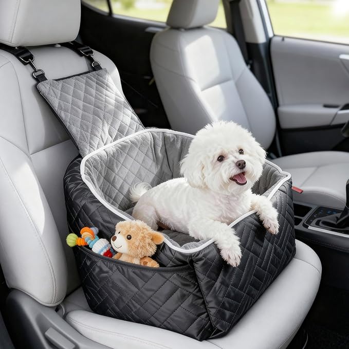 Wigoo Dog Booster Car Seat for Small & Medium Dogs up to 35 lbs, Elevated Pet Seat with Comfort Support, Detachable & Washable Cover, Storage Pockets, and Dog Safety Belt (Black/Grey)
