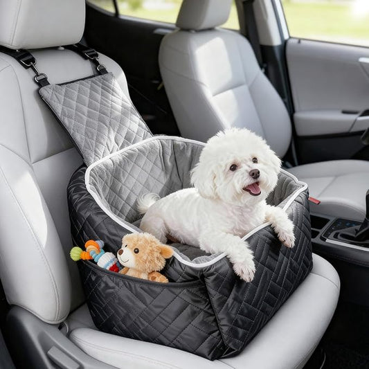 Wigoo Dog Booster Car Seat for Small & Medium Dogs up to 35 lbs, Elevated Pet Seat with Comfort Support, Detachable & Washable Cover, Storage Pockets, and Dog Safety Belt (Black/Grey)