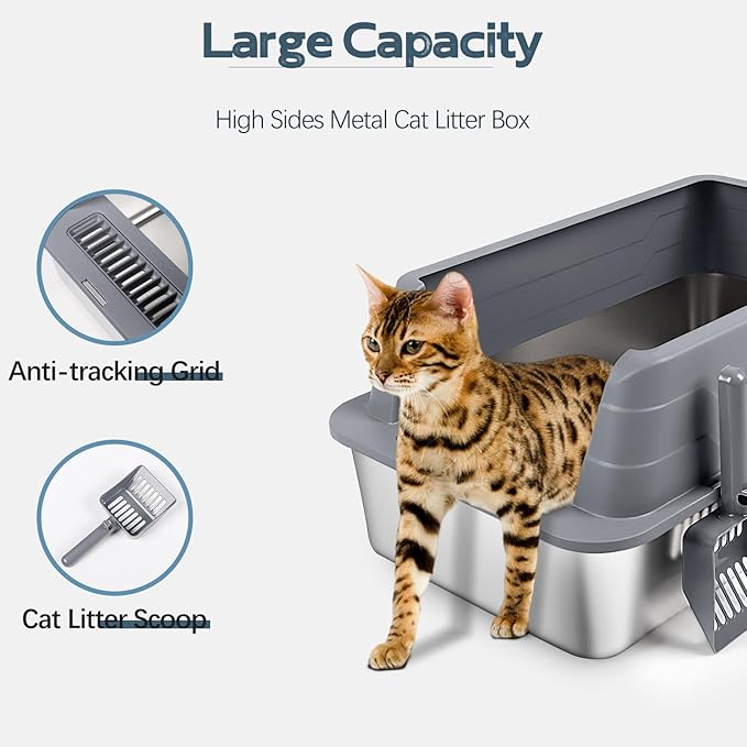 2 Pack Stainless Steel Litter Box, XL 22.9”x15”x 10.3” High Sided Metal Cat Litter Tray with Scoop, Cat Litter Box for Anti-Splash, Odor Control, Non-Sticky, Easy to Clean (Dark Grey)
