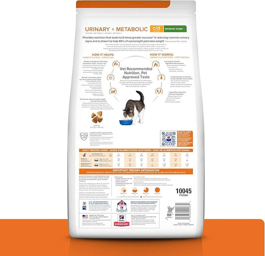 Hill's Prescription Diet c/d + Metabolic, Urinary + Weight Care Chicken Flavor Dry Cat Food, Veterinary Diet, 12 lb. Bag