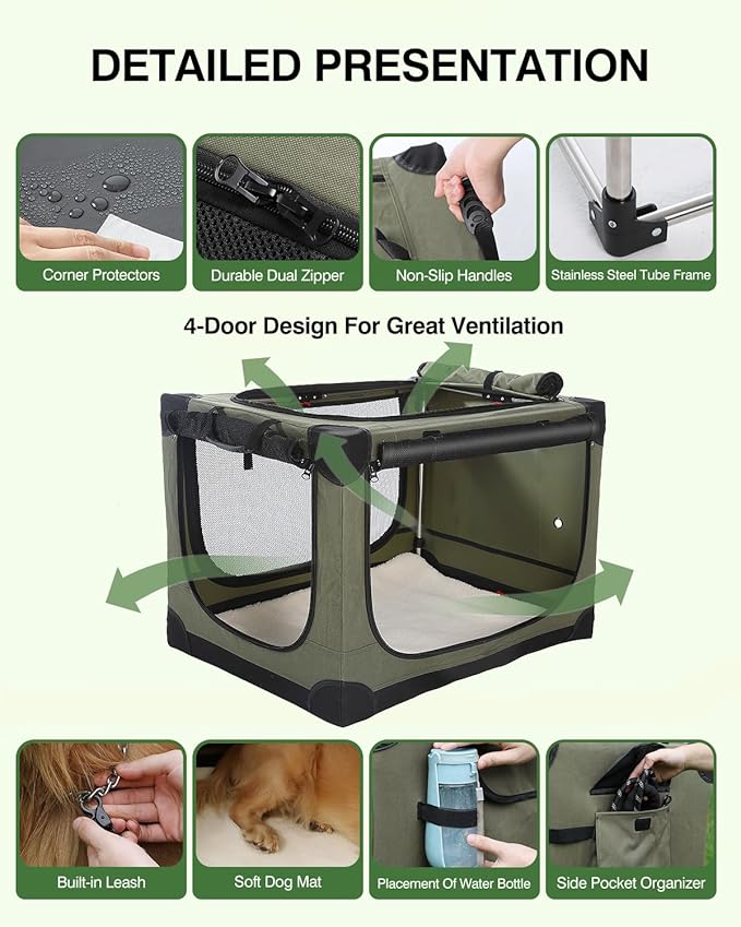 24 Inch Collapsible Travel Dog Crate for Medium Large Dogs, Portable Dog Crate 4-Door Foldable Soft Kennel with Durable Mesh Windows for Indoor & Outdoor Travel, with Storage Bag,Green