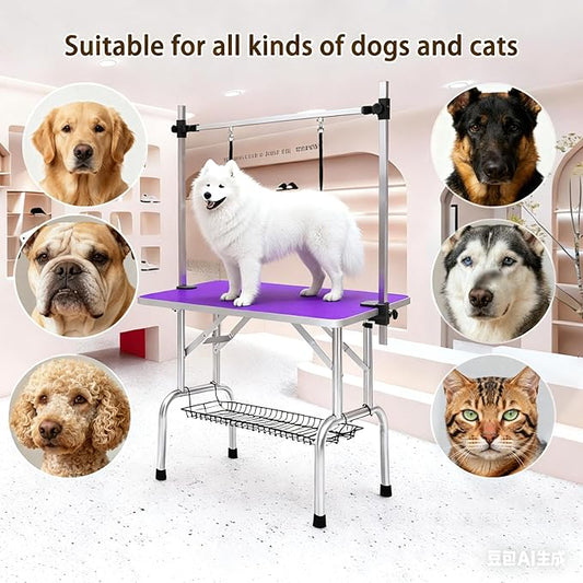 Pet Grooming Table, 42" Adjustable Height Dog Grooming Table with H-Type Arm & Stainless Steel Legs, Non-Slip E1 Grade Top, Tool-Free Folding, Portable for Professional & Home Use (Purple, 42inch)