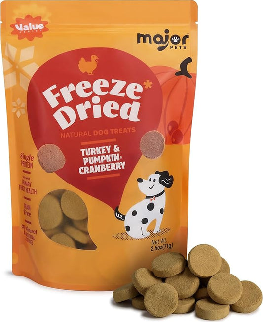 MAJOR PETS Freeze Dried Turkey & Pumpkin, Cranberry Dog Treats, Single High Protein, 100% Natural, Help with Digestion, Grain Free, Training Bites & Meal Topper for Dogs, Made in The USA, 2.5oz