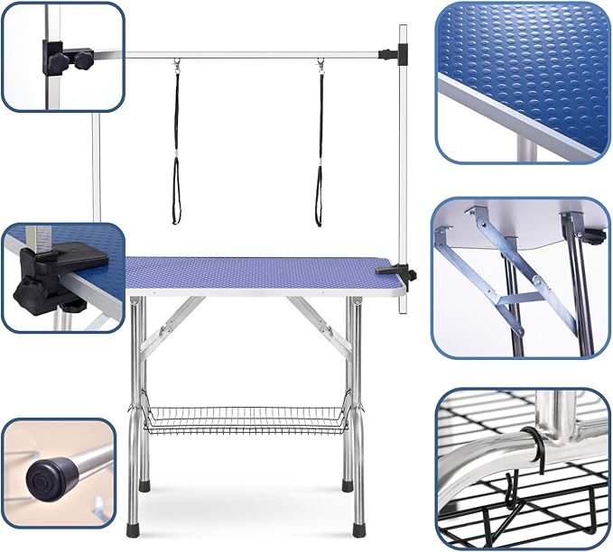 Pet Grooming Table, 46" Adjustable Height Dog Grooming Table with H-Type Arm & Stainless Steel Legs, Non-Slip E1 Grade Top, Tool-Free Folding, Portable for Professional & Home Use(Blue, 46inch)