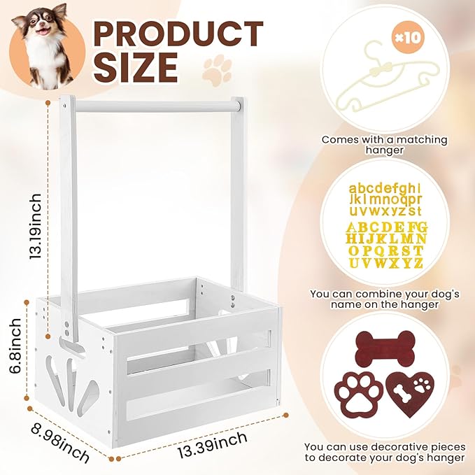 20 x 13 x 9 Wooden Dog Closet Pet Wardrobe Crate Box with Hanging Rods and Personalized Alphabet Letters Easy Assembly Baskets for Dog Cat Toys Clothes Accessories(White)