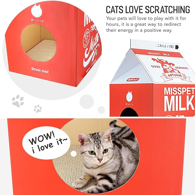 Simple Deluxe Cat Scratching Post, Infinity Shape Cat Scratcher Cardboard, Indoor Cat Toys, Curved Scratching Pad House Bed Furniture Protector, Red Milk Box