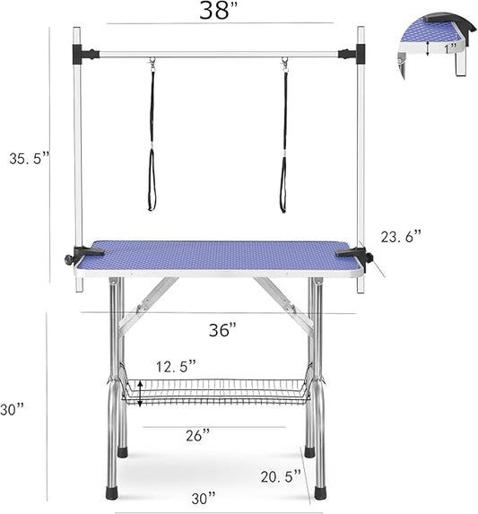 Pet Grooming Table, 36" Adjustable Height Dog Grooming Table with H-Type Arm & Stainless Steel Legs, Non-Slip E1 Grade Top, Tool-Free Folding, Portable for Professional & Home Use(Blue, 36inch)