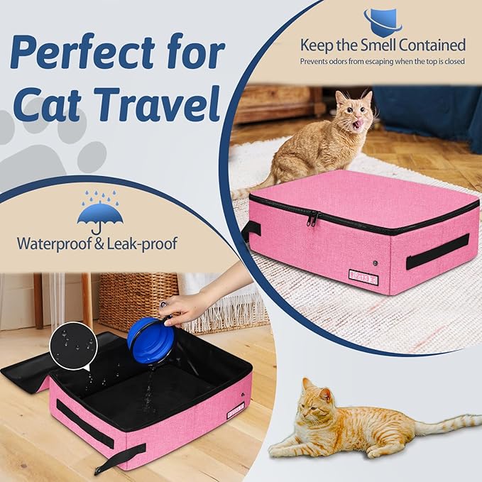 Petskd Portable Cat Travel Litter Box with Lid and 10 pcs Disposable Liner Bags, Leak-Proof and Collapsible, Cat Travel Essentials for Car, Hotel, Airplane and Other Outdoor Use(Pink)