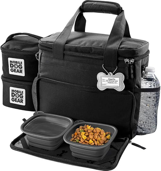 Mobile Dog Gear, Week Away Dog Travel Bag for Small Dogs, Includes Lined Food Carriers and 2 Collapsible Dog Bowl, Black, Meets Airline Requirements