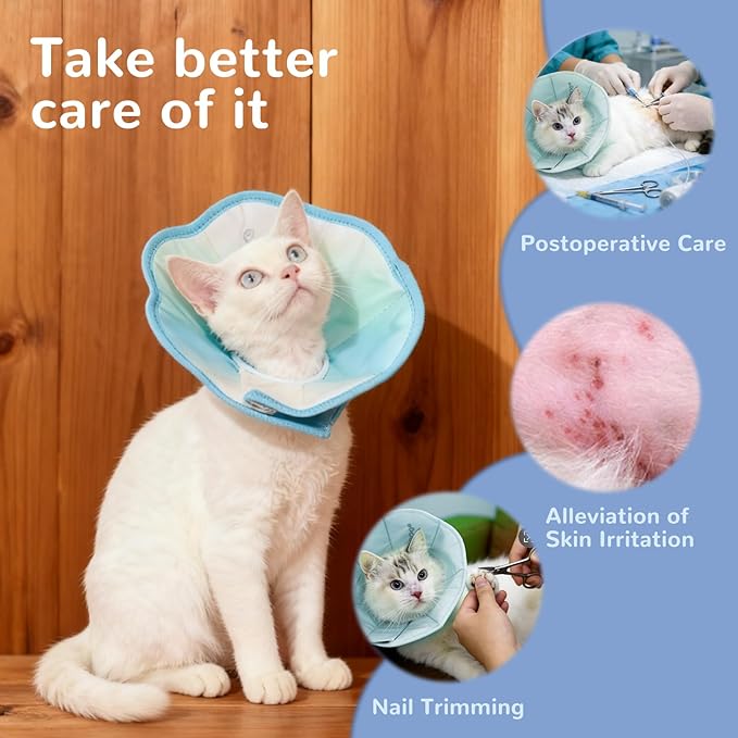 Touchdog Adjustable Soft Cat Cone Collar - Waterproof Recovery Collar for Cats After Surgery, Lightweight Elizabethan Collar for Kittens, Small to Large (Blue Gradient Color, L)